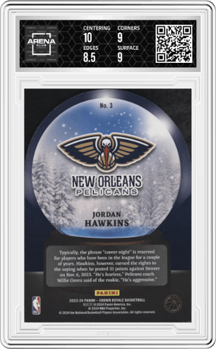 Jordan Hawkins from the 2023-24 Panini Crown Royale  set featuring a Blue parallel graded by Arena Club and given an overall grade of 9.