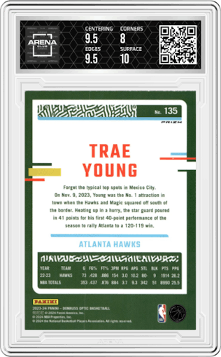 Trae Young from the 2023-24 Donruss Optic set featuring a Jazz parallel graded by Arena Club and given an overall grade of 8.5.
