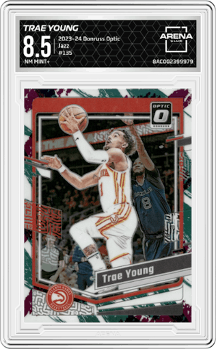 Trae Young from the 2023-24 Donruss Optic set featuring a Jazz parallel graded by Arena Club and given an overall grade of 8.5.