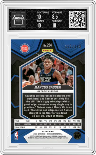  Marcus Sasser from the 2023-24 Panini Mosaic set featuring a Pink Mosaic parallel graded by Arena Club and given an overall grade of 9.