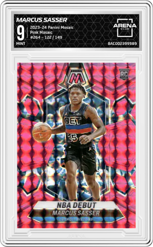  Marcus Sasser from the 2023-24 Panini Mosaic set featuring a Pink Mosaic parallel graded by Arena Club and given an overall grade of 9.