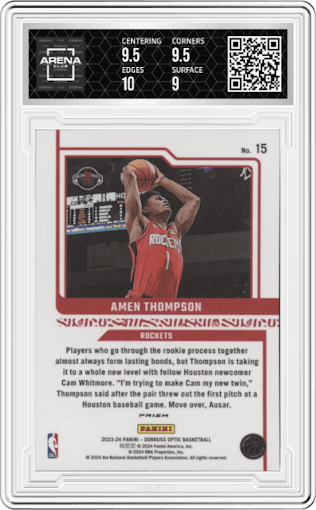 Amen Thompson from the 2023-24 Donruss Optic set featuring a Holo parallel graded by Arena Club and given an overall grade of 9.5.