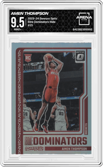 Amen Thompson from the 2023-24 Donruss Optic set featuring a Holo parallel graded by Arena Club and given an overall grade of 9.5.