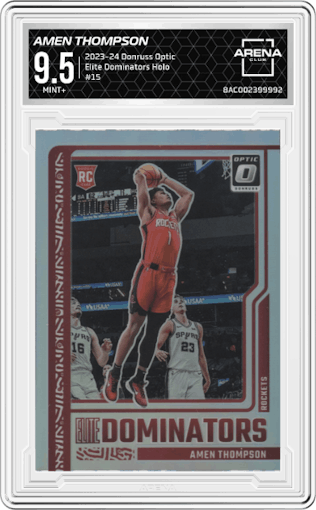 Amen Thompson from the 2023-24 Donruss Optic set featuring a Holo parallel graded by Arena Club and given an overall grade of 9.5.
