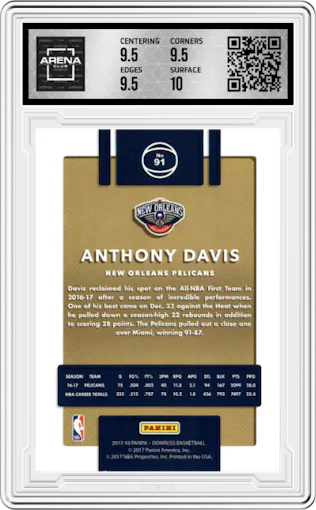 Anthony Davis from the 2017-18 Panini Donruss set featuring a Blue Holo Laser parallel graded by Arena Club and given an overall grade of 10.