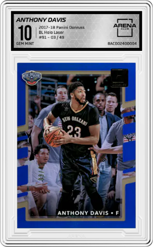 Anthony Davis from the 2017-18 Panini Donruss set featuring a Blue Holo Laser parallel graded by Arena Club and given an overall grade of 10.