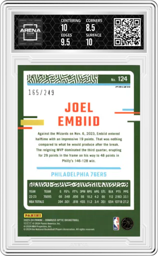 Joel Embiid from the 2023-24 Donruss Optic set featuring a Aqua parallel graded by Arena Club and given an overall grade of 9.