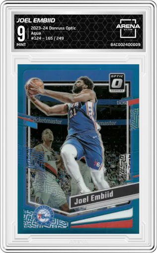 Joel Embiid from the 2023-24 Donruss Optic set featuring a Aqua parallel graded by Arena Club and given an overall grade of 9.