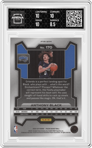 Anthony Black from the 2023-24 Panini Prizm set featuring a Silver Prizm  parallel graded by Arena Club and given an overall grade of 9.