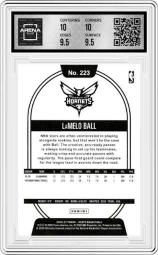 LaMelo Ball from the 2020-21 Panini NBA Hoops set graded by Arena Club and given an overall grade of 10.