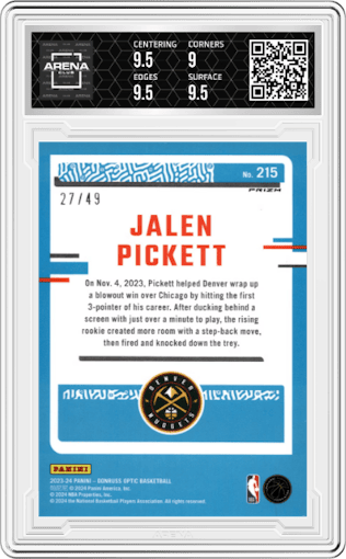 Jalen Pickett from the 2023-24 Donruss Optic set featuring a Blue parallel graded by Arena Club and given an overall grade of 9.5.