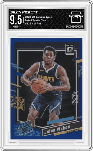 Jalen Pickett from the 2023-24 Donruss Optic set featuring a Blue parallel graded by Arena Club and given an overall grade of 9.5.