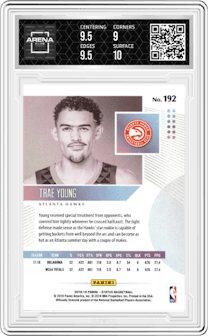 Trae Young from the 2018-19 Panini Status set graded by Arena Club and given an overall grade of 9.5.