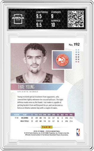 Trae Young from the 2018-19 Panini Status set graded by Arena Club and given an overall grade of 9.5.