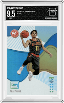 Trae Young from the 2018-19 Panini Status set graded by Arena Club and given an overall grade of 9.5.