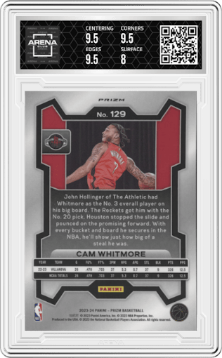 Cam Whitmore from the 2023-24 Panini Prizm set featuring a Blue Wave parallel graded by Arena Club and given an overall grade of 8.5.