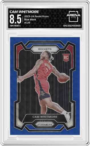 Cam Whitmore from the 2023-24 Panini Prizm set featuring a Blue Wave parallel graded by Arena Club and given an overall grade of 8.5.