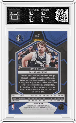 Luka Doncic from the 2023-24 Panini Mosaic set featuring a Mosaic parallel graded by Arena Club and given an overall grade of 9.5.