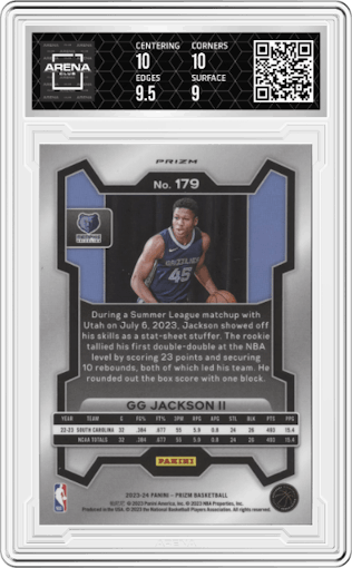 GG Jackson II from the 2023-24 Panini Prizm set featuring a Green Prizm parallel graded by Arena Club and given an overall grade of 9.5.