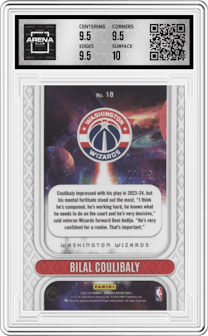 Bilal Coulibaly from the 2023-24 Panini Phoenix set featuring a International Red parallel graded by Arena Club and given an overall grade of 10.