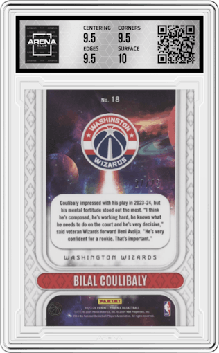 Bilal Coulibaly from the 2023-24 Panini Phoenix set featuring a International Red parallel graded by Arena Club and given an overall grade of 10.