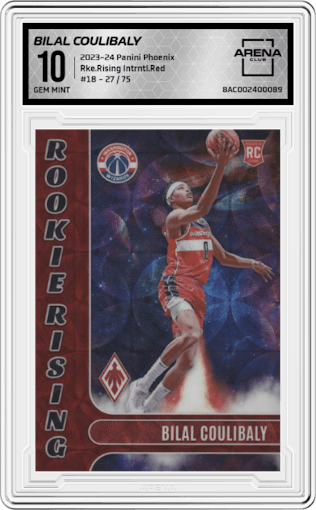 Bilal Coulibaly from the 2023-24 Panini Phoenix set featuring a International Red parallel graded by Arena Club and given an overall grade of 10.