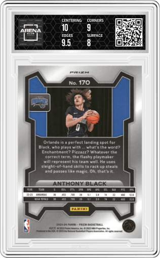Anthony Black from the 2023-24 Panini Prizm set featuring a Silver Prizm  parallel graded by Arena Club and given an overall grade of 8.5.