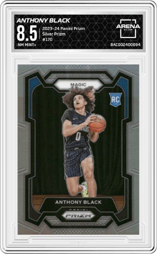 Anthony Black from the 2023-24 Panini Prizm set featuring a Silver Prizm  parallel graded by Arena Club and given an overall grade of 8.5.