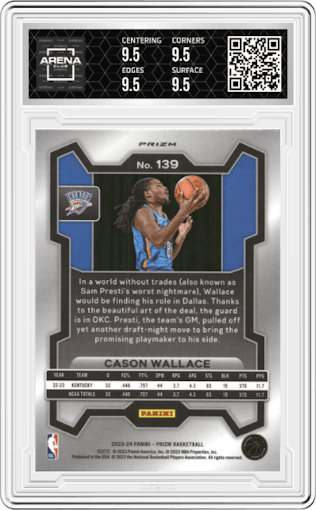 Cason Wallace from the 2023-24 Panini Prizm set featuring a Silver Prizm  parallel graded by Arena Club and given an overall grade of 9.5.