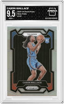Cason Wallace from the 2023-24 Panini Prizm set featuring a Silver Prizm  parallel graded by Arena Club and given an overall grade of 9.5.