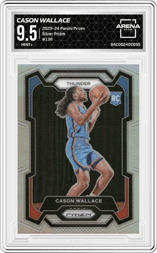 Cason Wallace from the 2023-24 Panini Prizm set featuring a Silver Prizm  parallel graded by Arena Club and given an overall grade of 9.5.