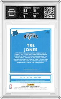 Tre Jones from the 2020-21 Panini Donruss set featuring a Red & Gold Laser parallel graded by Arena Club and given an overall grade of 9.5.