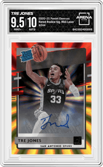 Tre Jones from the 2020-21 Panini Donruss set featuring a Red & Gold Laser parallel graded by Arena Club and given an overall grade of 9.5.