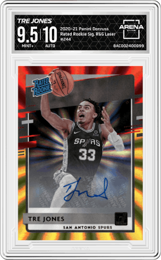 Tre Jones from the 2020-21 Panini Donruss set featuring a Red & Gold Laser parallel graded by Arena Club and given an overall grade of 9.5.