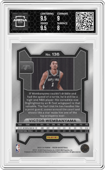 Victor Wembanyama from the 2023-24 Panini Prizm set graded by Arena Club and given an overall grade of 8.5.