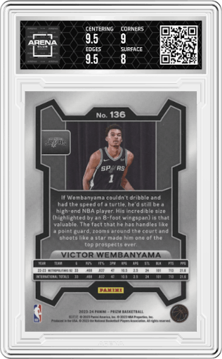 Victor Wembanyama from the 2023-24 Panini Prizm set graded by Arena Club and given an overall grade of 8.5.