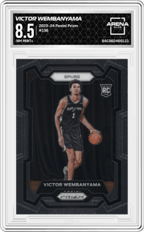 Victor Wembanyama from the 2023-24 Panini Prizm set graded by Arena Club and given an overall grade of 8.5.
