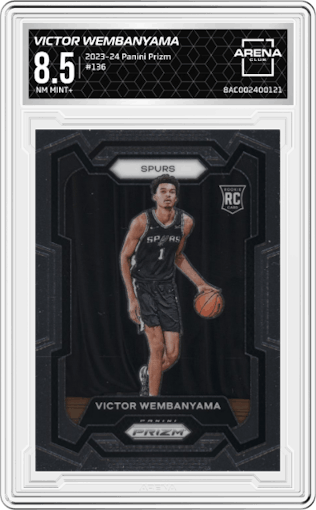 Victor Wembanyama from the 2023-24 Panini Prizm set graded by Arena Club and given an overall grade of 8.5.