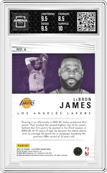 LeBron James from the 2021-22 Panini Illusions set featuring a Emerald parallel graded by Arena Club and given an overall grade of 9.