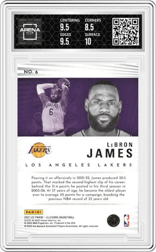 LeBron James from the 2021-22 Panini Illusions set featuring a Emerald parallel graded by Arena Club and given an overall grade of 9.