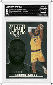 LeBron James from the 2021-22 Panini Illusions set featuring a Emerald parallel graded by Arena Club and given an overall grade of 9.