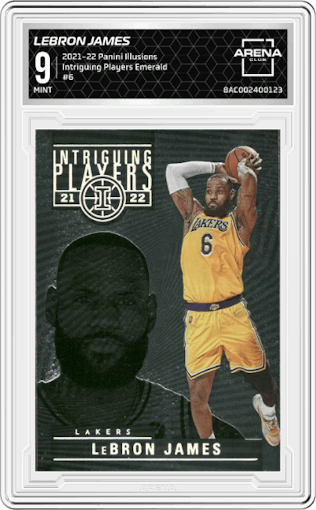 LeBron James from the 2021-22 Panini Illusions set featuring a Emerald parallel graded by Arena Club and given an overall grade of 9.