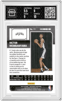 Victor Wembanyama  from the 2023-24 Panini Contenders set featuring a Retail parallel graded by Arena Club and given an overall grade of 9.5.
