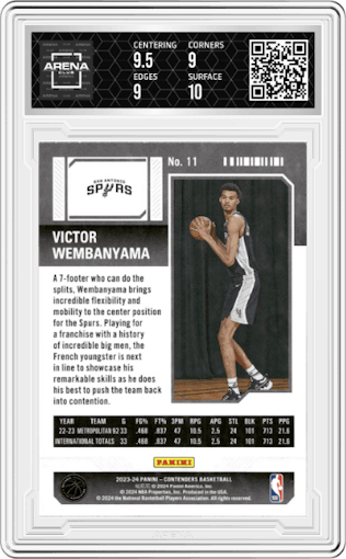 Victor Wembanyama  from the 2023-24 Panini Contenders set featuring a Retail parallel graded by Arena Club and given an overall grade of 9.5.