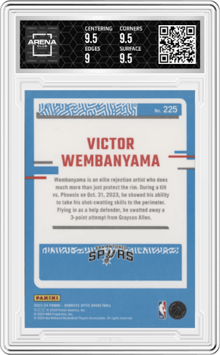 Victor Wembanyama from the 2023-24 Donruss Optic set graded by Arena Club and given an overall grade of 9.5.