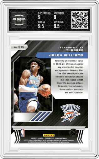 Jalen Williams from the 2022-23 Panini Chronicles  set featuring a Pink parallel graded by Arena Club and given an overall grade of 9.5.