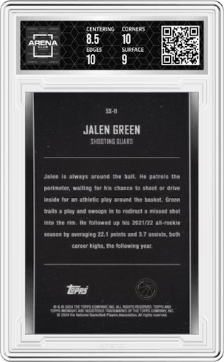 Jalen Green from the 2023-24 Topps Midnight set featuring a Dusk parallel graded by Arena Club and given an overall grade of 9.