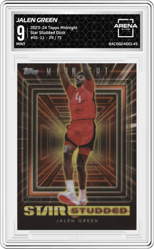 Jalen Green from the 2023-24 Topps Midnight set featuring a Dusk parallel graded by Arena Club and given an overall grade of 9.