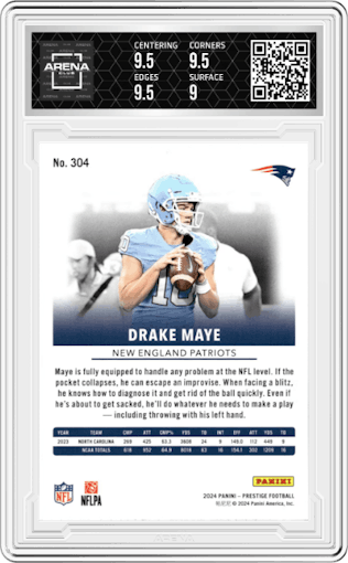 Drake Maye from the 2024 Panini Prestige  set featuring a Sunburst Xtra Points parallel graded by Arena Club and given an overall grade of 9.5.