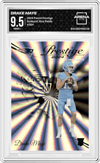 Drake Maye from the 2024 Panini Prestige  set featuring a Sunburst Xtra Points parallel graded by Arena Club and given an overall grade of 9.5.